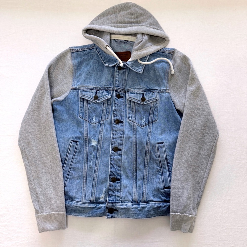Abercrombie Fitch Jacket Mens M Blue Denim Hooded Gray Distressed Trucker